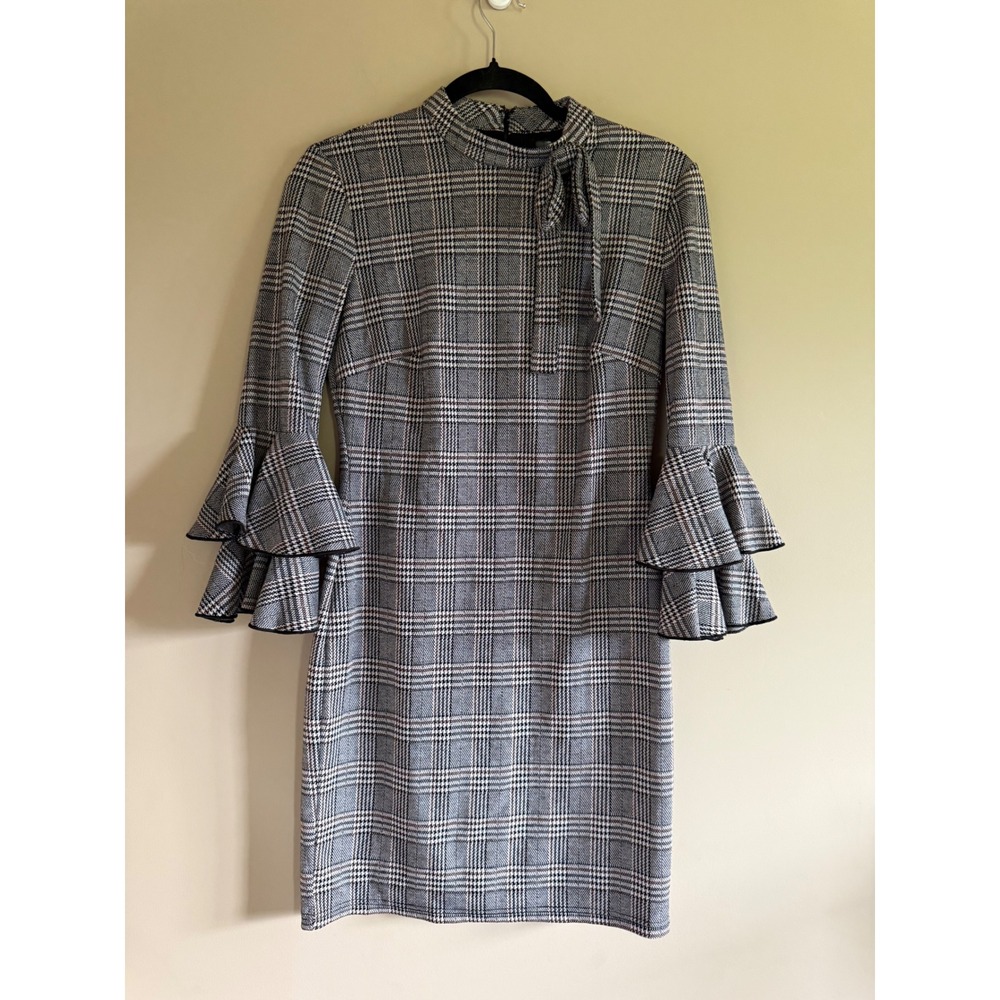 Alexia Admor Grey Plaid Tie Neck Dress Ruffle Bell Sleeve‎ Sheath XS AAD19_XS
